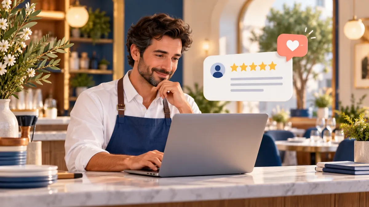 Illustration d’un restaurateur consultant un avis cinq étoiles sur son ordinateur