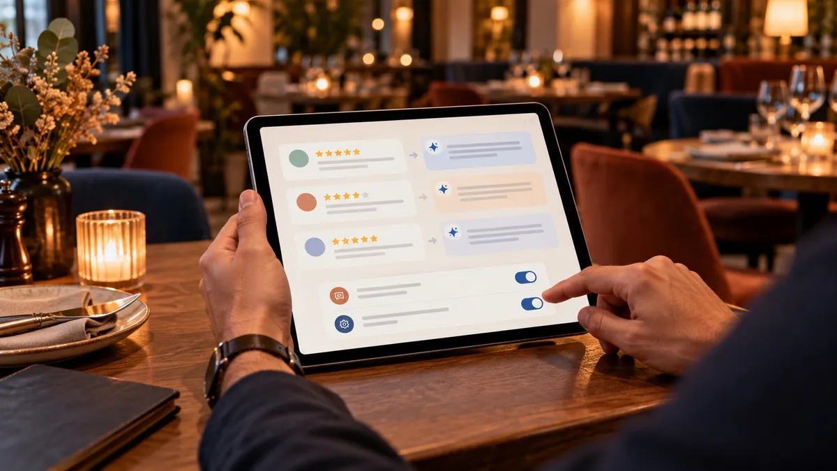 Mains d’un responsable de restaurant réglant des réponses IA aux avis sur une tablette