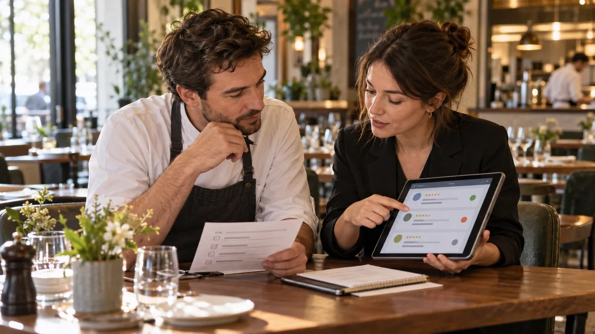 Deux responsables de restaurant examinant ensemble des avis clients sur une tablette et une liste de suivi